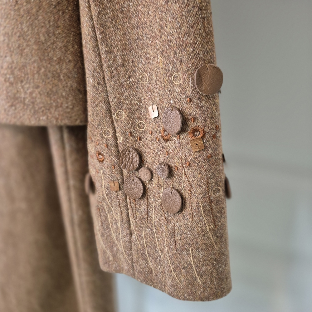 Wool/Silk Skirt & Jacket Set, Embellished With Leather Details | US 8